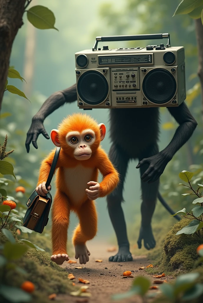 Make a image about a orange monkey with no legs and no clothes with a book bag that looks like it’s for the jungle running from a boombox monster with black skinny legs and black skinny arms head and torso will be a boombox scary