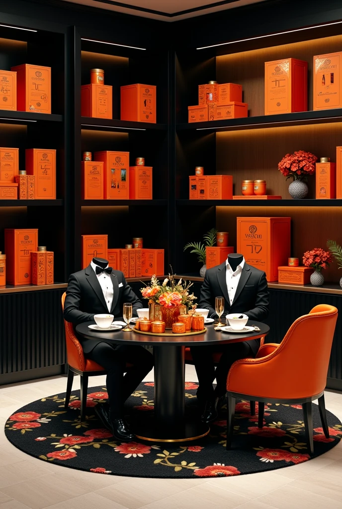 Scene Overview:

	•	The scene is set in a luxurious corner, designed to evoke elegance and sophistication.
	•	Color Theme: The primary colors are black, white, gold, and pops of vibrant orange.

Background:

	•	Bookshelves: L Shaped Black bookshelves filled with vibrant orange Venchi chocolate gift boxes and T9 Tea cans, alongside mooncake boxes.
	•	Decorative Elements: The bookshelves also feature soft decorative items, such as small floral arrangements or delicate ornaments, adding a touch of warmth and contrasting beautifully with the orange accents.

Centerpiece:

	•	Mannequins: there are two mannequins dressed in Valentino outfits sitting down on the chairs.
	•	Outfits: Elegant dresses in a classic Valentino style, complemented by matching hats, heels, handbags, and luxurious jewelry.
	•	Colors: The clothing and accessories maintain the black, white, and gold theme, ensuring a sophisticated look against the bold orange backdrop.

Furniture:

	•	Tea Table: A sleek black tea table is placed on a black-and-white mixed-colored art-deco round rug.
	•	Tea Rack: On the table, there’s a tea rack holding Venchi chocolates and T9 Tea items, with the orange packaging adding a striking pop of color.
	•	Tableware: Wedgwood tea sets and champagne glasses are elegantly arranged on the table.

Seating:

	•	Chairs: Beside the table, there are plush velvet chairs, inviting guests to sit and enjoy the scene. The velvet chairs could be in a deep, rich color like black or dark gold, complementing the vibrant orange accents.

Decorative Touches:

	•	Floral Arrangements: Soft, delicate flowers in muted tones, such as whites or light golds, are placed around the scene, adding a fresh and natural element that contrasts nicely with the orange.
	•	Additional Decorations: Other soft decorative items, such as candles or small sculptures, are carefully placed to enhance the overall ambiance while ensuring the orange elements stand out.