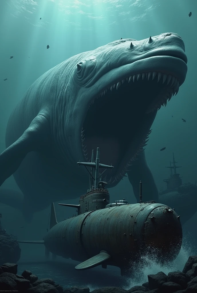 Whale in the depths of the sea with a submarine approaching it, submarine trying to escape to defend itself damaged creature whale bites background warships starting to sink under the sea