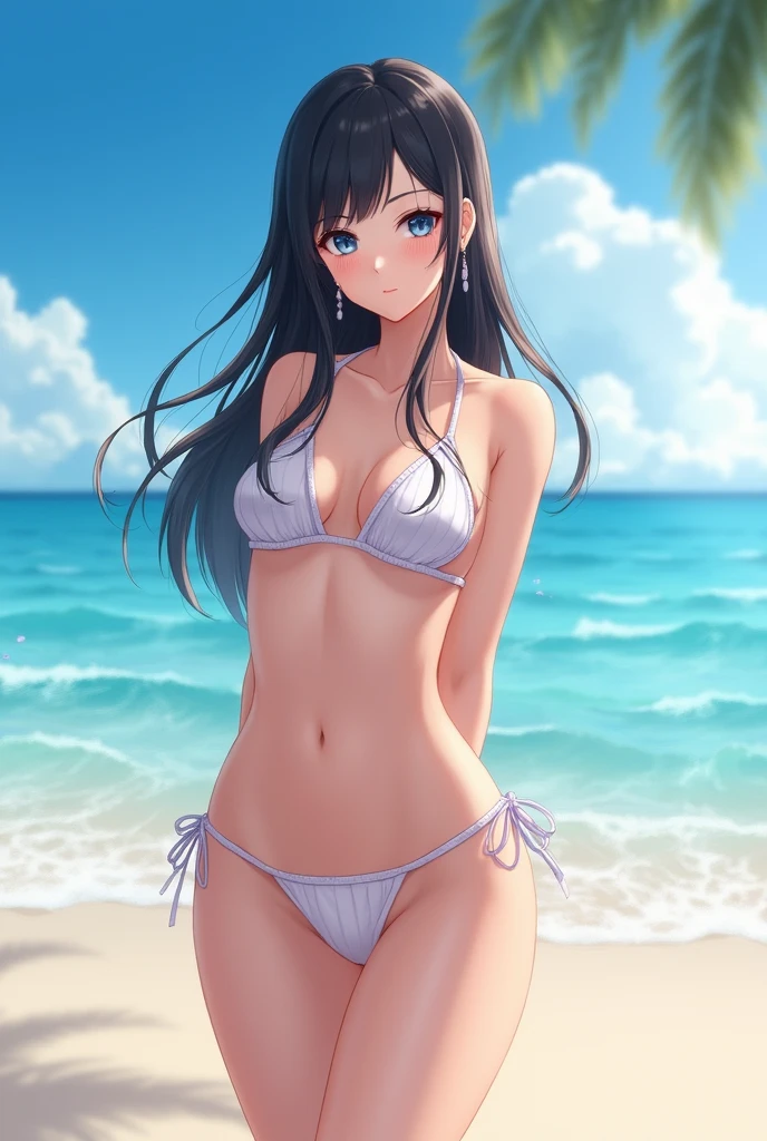 Jun Natsukawa dark long hair at beach waring bikini