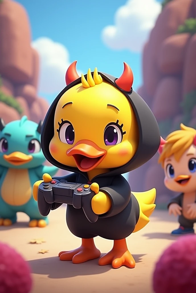 A cute yellow cartoon duck wearing a black demon outfit with a video game controller in his hand along with a Brawl Star character