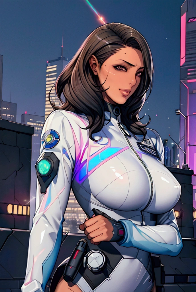  (pretty girl, 2, brunette, black eyes) at cyberpunk world dressed as futuristic law enforcer, (full lips) , ((perfect face)), [[mild smile]], proportionate body,mixed herritage, beautyfull, beautyfull face, tanned skin, two arms, two legs, five fingers by hand, (curly black long hair), ( holographic screen floating at air), (night) night skyline, neon, people, (lasergun), futuristic gun, goggles, futuristic police stuff, jacket, badass, [cyborgs], (drone at background), police chopter at background, screens at buildings side, [photo taken from behind], (award winning photo), (instagram influencer photo), (realistic), nikon, canon, Sigma 85mm f/8
