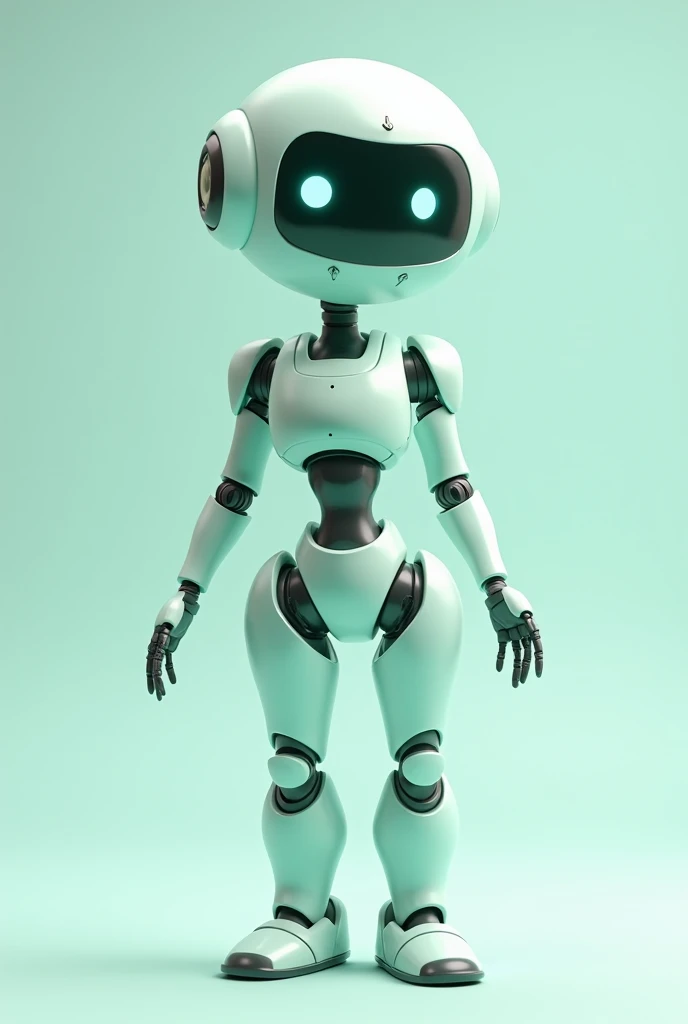 female bot; friendy; light blue and green; animated; no background; no photorealism
