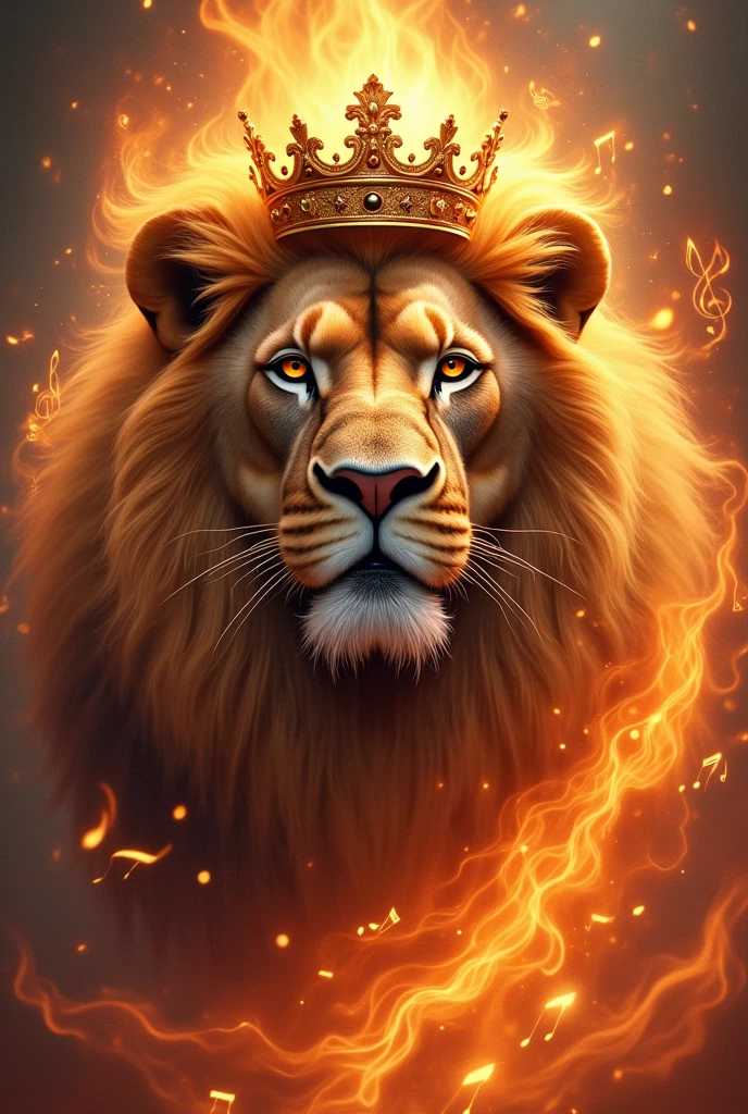 A lion face with a crown and flames and musical figures in the background
