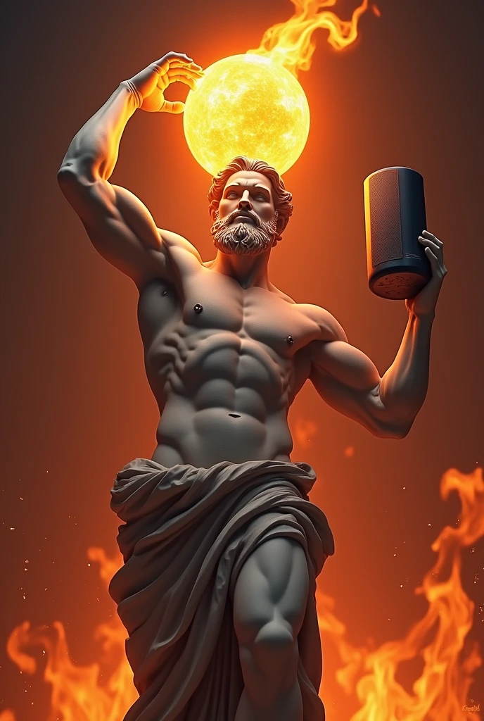 Greek masculer man statue with the theme “be content” carrying a speaker with fire in the background 