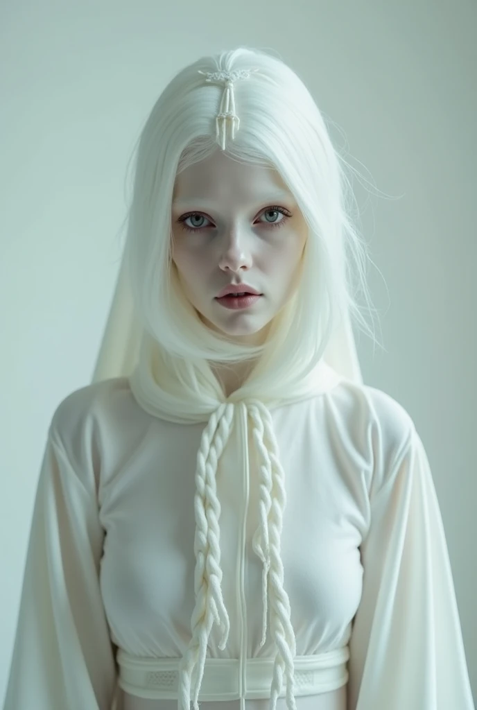 American portrait photography, early 1970’s esthetics, dark fantasy, myth creature, Anthropomorphic albino Witch, eyes looking at camera, Paolo Roversi shooting style, milky white background, posing with personality, modeling manual, dignified pose, shot with professional photography by Martin Schoeller UHD, HDR