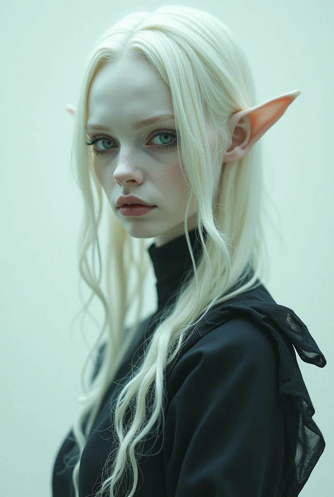 American portrait photography, early 1970’s esthetics, dark fantasy, myth creature, Anthropomorphic albino Witch, eyes looking at camera, Paolo Roversi shooting style, milky white background, posing with personality, modeling manual, dignified pose, shot with professional photography by Martin Schoeller UHD, HDR