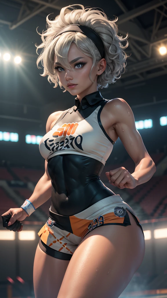 Bea da pokemon,(best qualityer,4K,8k,high resolution, work of art:1.2)(weather: summer), sport celebration background, short curly hair, gray hair, cropped shirt, micro shorts, thigh high stockings, headband, gloves, leotard, nipples, ultra detailed, realistic, beautiful detailed gray eyes, beautiful detailed lips, extremely detailed eye and face, extremely detailed hands, long eyelashes, average, medium breasts, flying hair, beaming smile, powerful girl in a combat, king fu stance, sweating, bright coloured, dramatic lighting, sports stadium,