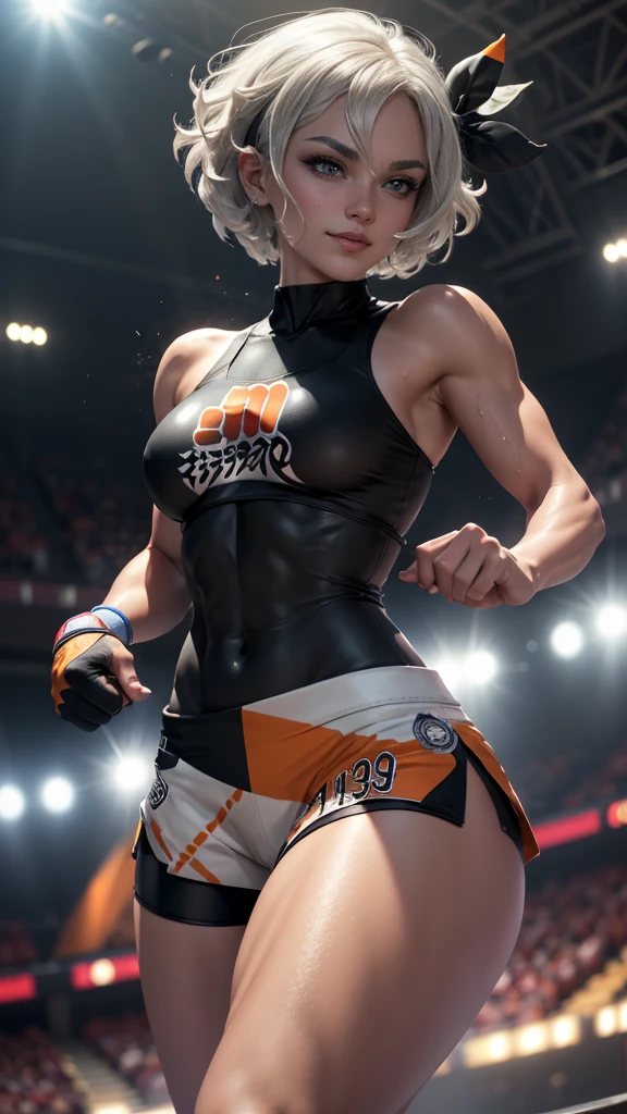 ((masterpiece)), ((high quality)), ((super detailed)), ((high resolution)) ,((8k)), a beautiful woman, ((She is one of the most famous female Gravure idol in the world.)), unparalleled beauty, ((huge breast)), ((large ass)), ((deep cleavage)), slim waist, chest out, ultra detailed face, perfect skin, (((Half-up hairstyle, Blonde Ponytail hair))), blue eyes,  detailed eyes, whole body image, (((anime))), ((glamorous)), 22 years old, ((incredibly beautiful woman)), ((The H cup bust)),  (((Sports Bra, Sports shorts))),  ((beautiful breasts)), beautiful legs, 8 life size, anime, the most beautiful and strongest, ((charm)), ((Half Japanese and half British)), ((Grown-up face)), ((Open Finger Gloves, Five fingers)),  (((Women's mixed martial arts,  A fighting arena surrounded by wire mesh))), ((shoot from below, Breast milk))