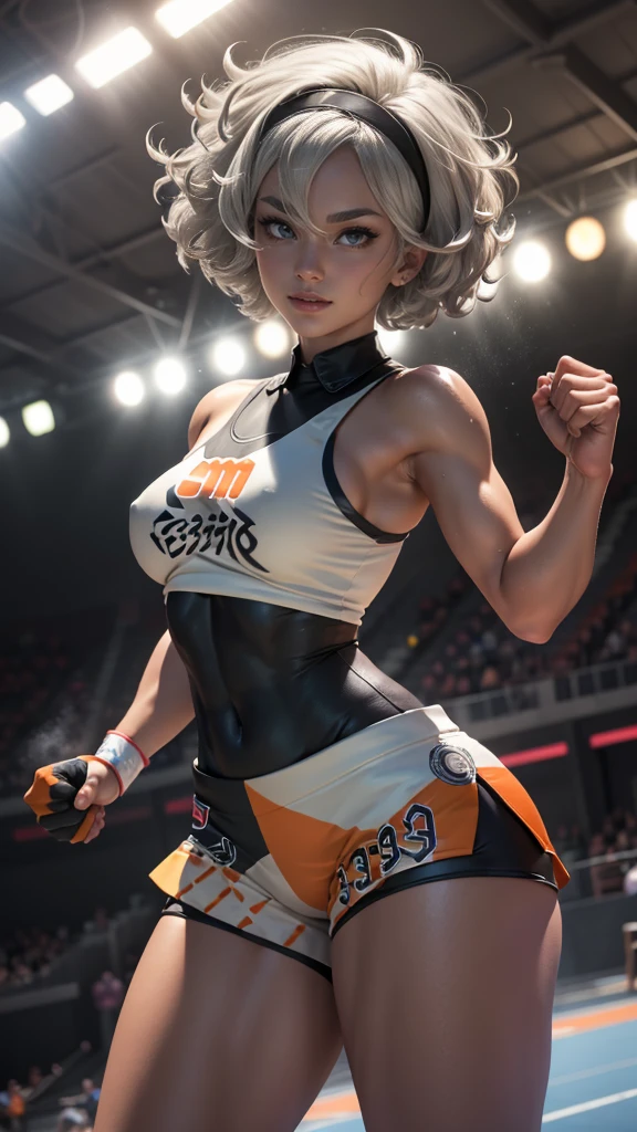 Bea da pokemon,(best qualityer,4K,8k,high resolution, work of art:1.2)(weather: summer), sport celebration background, short curly hair, gray hair, cropped shirt, micro shorts, thigh high stockings, headband, gloves, leotard, nipples, ultra detailed, realistic, beautiful detailed gray eyes, beautiful detailed lips, extremely detailed eye and face, extremely detailed hands, long eyelashes, average, medium breasts, flying hair, beaming smile, powerful girl in a combat, king fu stance, sweating, bright coloured, dramatic lighting, sports stadium,