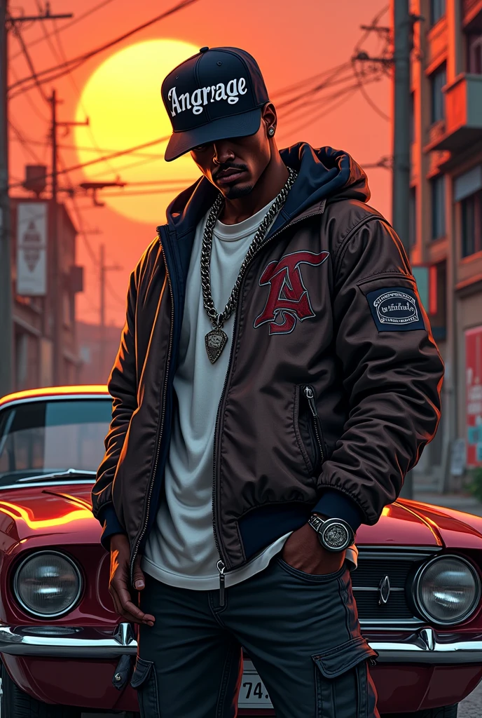 Gangsta with cap,with lowrider,ghetto sunset in background,angarage text on cap,manga