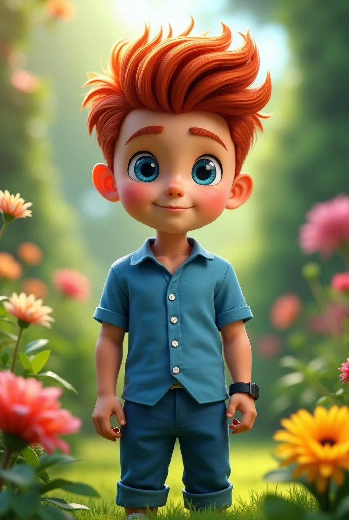 a boy which wear a blue pant and half sleeve shirts and blue eyes and red stylish hair which stand in a garden 3d pic