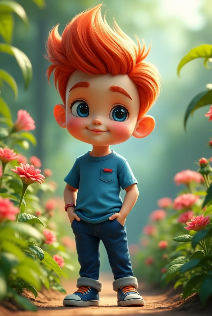 a boy which wear a blue pant and half sleeve shirts and blue eyes and red stylish hair which stand in a garden 3d pic