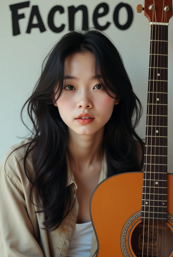 Asian boy who looks like DPR ian and his hair is long and in the background is written the word facneo and a guitar next to him