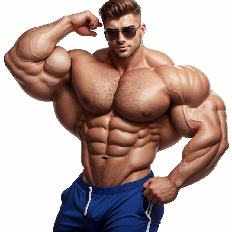 a very handsome young man, sunglasses, shirtless, exaggeratedly muscular, exaggeratedly huge muscles, on a white background