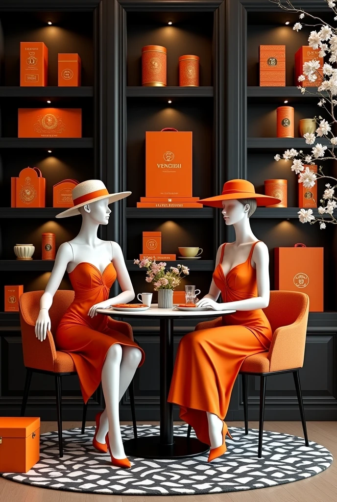 Scene Overview:
• The scene is set in a luxurious corner, designed to evoke elegance and sophistication.
• Color Theme: The primary colors are black, white, gold, and pops of vibrant orange.
Background:
• Bookshelves: L Shaped Black bookshelves filled with vibrant orange Venchi chocolate gift boxes and T9 Tea cans, alongside mooncake boxes.
• Decorative Elements: The bookshelves also feature soft decorative items, such as small floral arrangements or delicate ornaments, adding a touch of warmth and contrasting beautifully with the orange accents.
Centerpiece:
• Mannequins: there are two female mannequins dressed in Valentino outfits sitting down on the chairs.
• Outfits: Elegant dresses in a classic Valentino style, complemented by matching hats, heels, handbags, and luxurious jewelry.
• Colors: The clothing and accessories maintain the black, white, and gold theme, ensuring a sophisticated look against the bold orange backdrop.
Furniture:
• Tea Table: A sleek black tea table is placed on a black-and-white mixed-colored art-deco round rug.
• Tea Rack: On the table, there’s a tea rack holding Venchi chocolates and T9 Tea items, with the orange packaging adding a striking pop of color.
• Tableware: Wedgwood tea sets and champagne glasses are elegantly arranged on the table.
Seating:
• Chairs: Beside the table, there are plush velvet chairs, inviting guests to sit and enjoy the scene. The velvet chairs could be in a deep, rich color like black or dark gold, complementing the vibrant orange accents.
Decorative Touches:
• Floral Arrangements: Soft, delicate flowers in muted tones, such as whites or light golds, are placed around the scene, adding a fresh and natural element that contrasts nicely with the orange.
• Additional Decorations: Other soft decorative items, such as candles or small sculptures, are carefully placed to enhance the overall ambiance while ensuring the orange elements stand out.