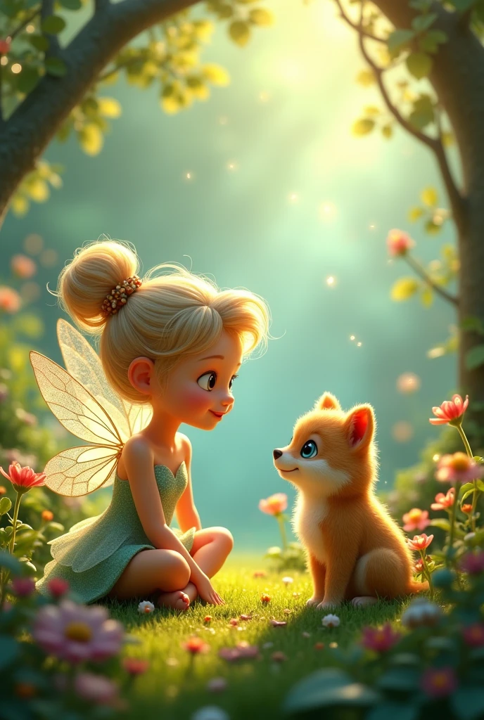 Give the same picture with a fairy with a cute pet talking to each other