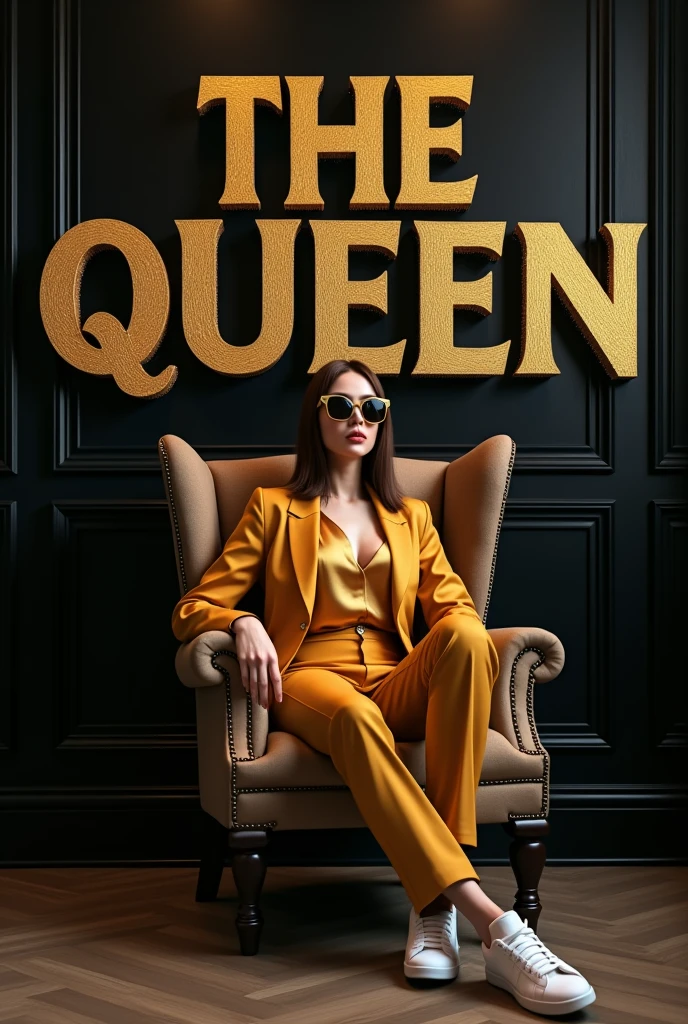 Sexy hot girl Create realistic picture where a Girl in a Golden shirt suit casually on a Wingback Chair ai image. Wearing sneakers and sunglasses, he is looks ahead. The background features “The Queen” in big and capital 3D gold texture fonts on the black wall