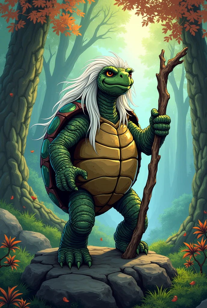 An old turtle standing on a rock in the middle of a forest, this turtle has white hair, thick white eyebrows and lots of wrinkles on the skin, she is holding onto a large twig for support, I want vibrant and very eye-catching colors, comic book style. 