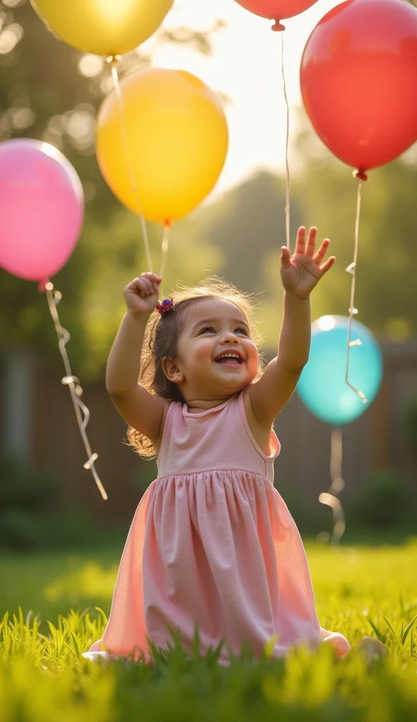 Create UHD photorealistic realistic photo, no animation, no 3d image, no pixar style animation, no extra fingers. 20-month-old French-Arab girl playing with colorful balloons in a sunlit garden, floating gently as she reaches for them. Captured with a Canon EOS 5D Mark IV, 50mm f/1.8 lens, using soft natural light. Joyful family moment by a photographer with 30 years of experience.
