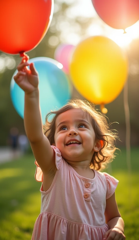 Create UHD photorealistic realistic photo, no animation, no 3d image, no pixar style animation, no extra fingers. 20-month-old French-Arab girl playing with colorful balloons in a sunlit garden, floating gently as she reaches for them. Captured with a Canon EOS 5D Mark IV, 50mm f/1.8 lens, using soft natural light. Joyful family moment by a photographer with 30 years of experience.
