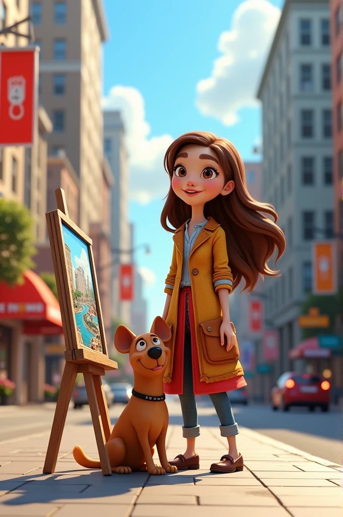 luna e Max na cidadePrompt: "Desenho 3d de uma jovem artista, luna, with brown hair and a loyal dog, Max, in a big city. luna está com um estande de arte de rua, displaying his paintings, as Max watches her from beside him. The city in the background is modern and vibrant.."Disney,pixar,animation,3d 