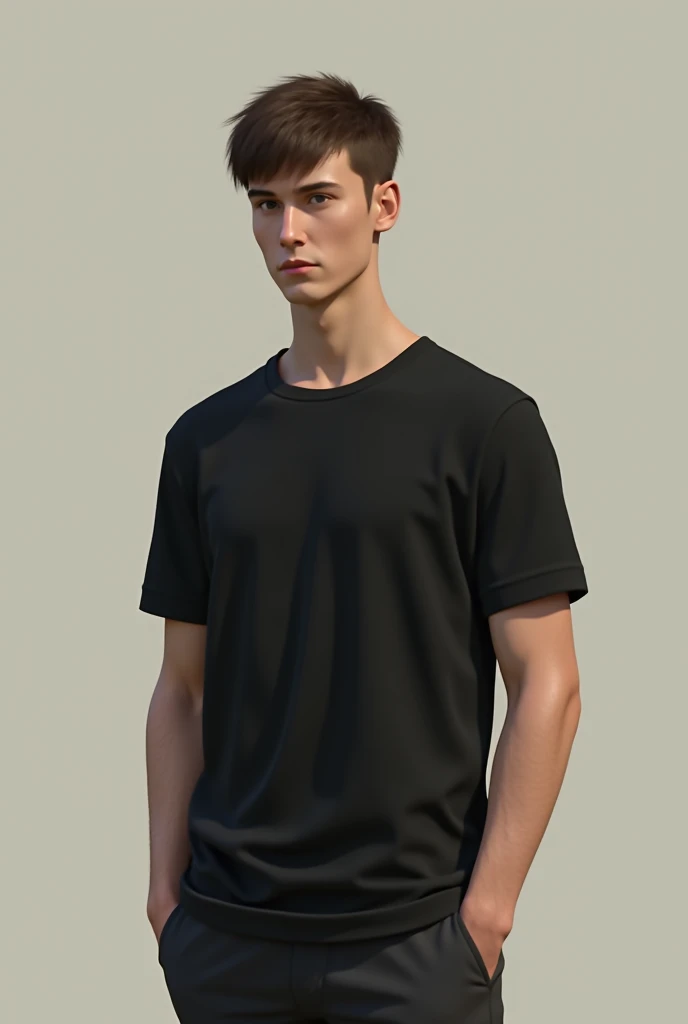 Slim male character with short brown hair, tall and with a slightly larger head than normal wearing a black shirt