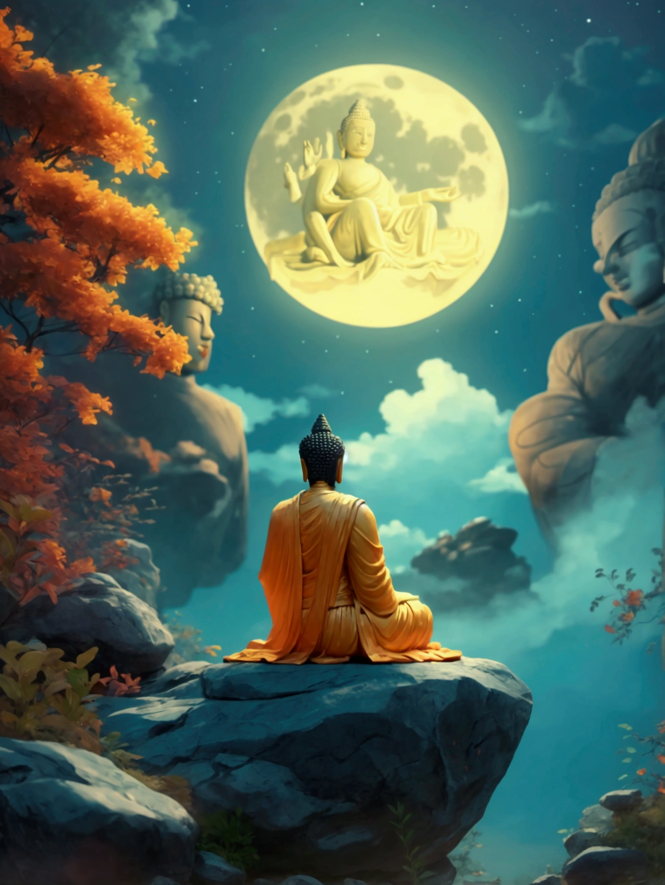 Buddha sitting on the rock and giving advice under the full moon