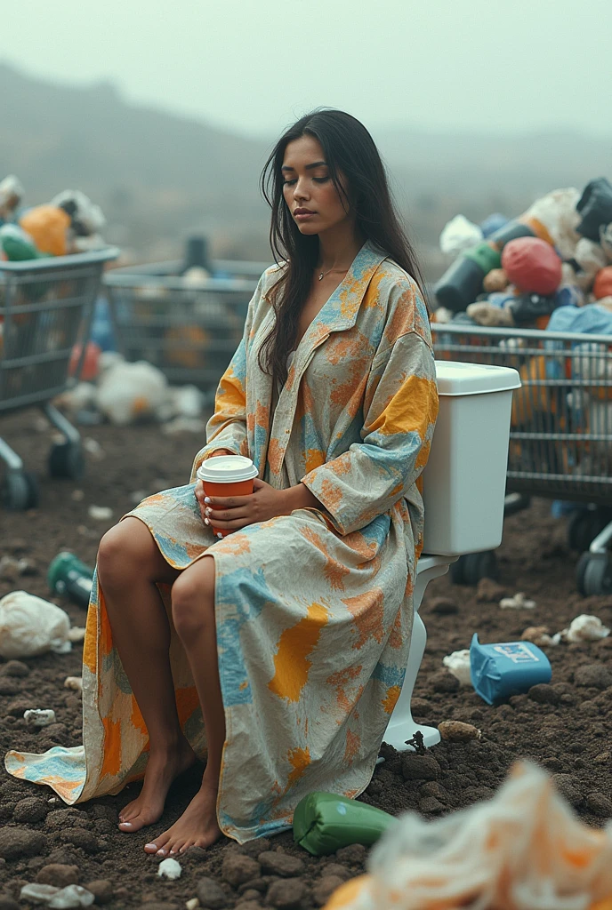 Concept: A woman dressed in a robe made entirely of plastic bags, sitting on a toilet in the middle of a landfill. She’s surrounded by empty shopping carts, each filled with more plastic waste. In her hands, she holds a disposable coffee cup, her face serene as if in meditation.