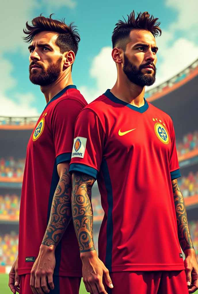 Lionel Messi and Neymar Jr. with the red uniform of Deportivo Cuenca from Ecuador