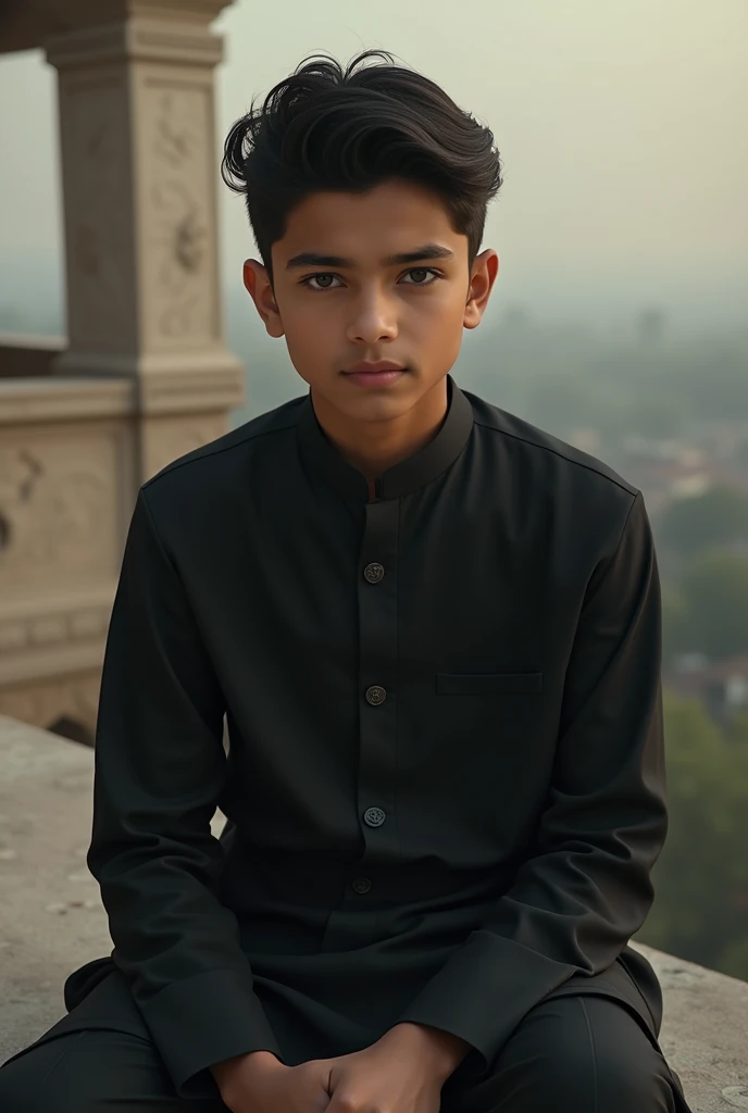A handsom beautiful boy, , wearing a black collared Shalwar Kameez with the top two buttons open, sitting on a high place.