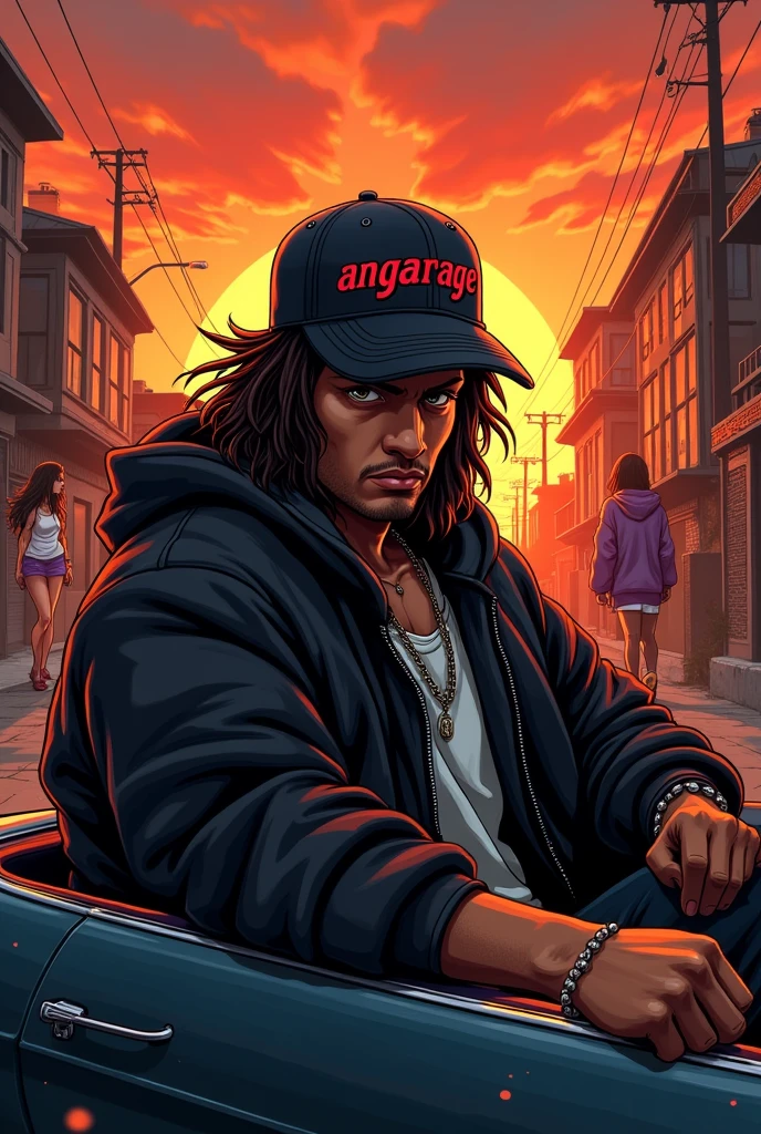 Gangsta with cap,with lowrider,ghetto sunset in background,angarage text on cap,manga,guns,gangster ladies on background