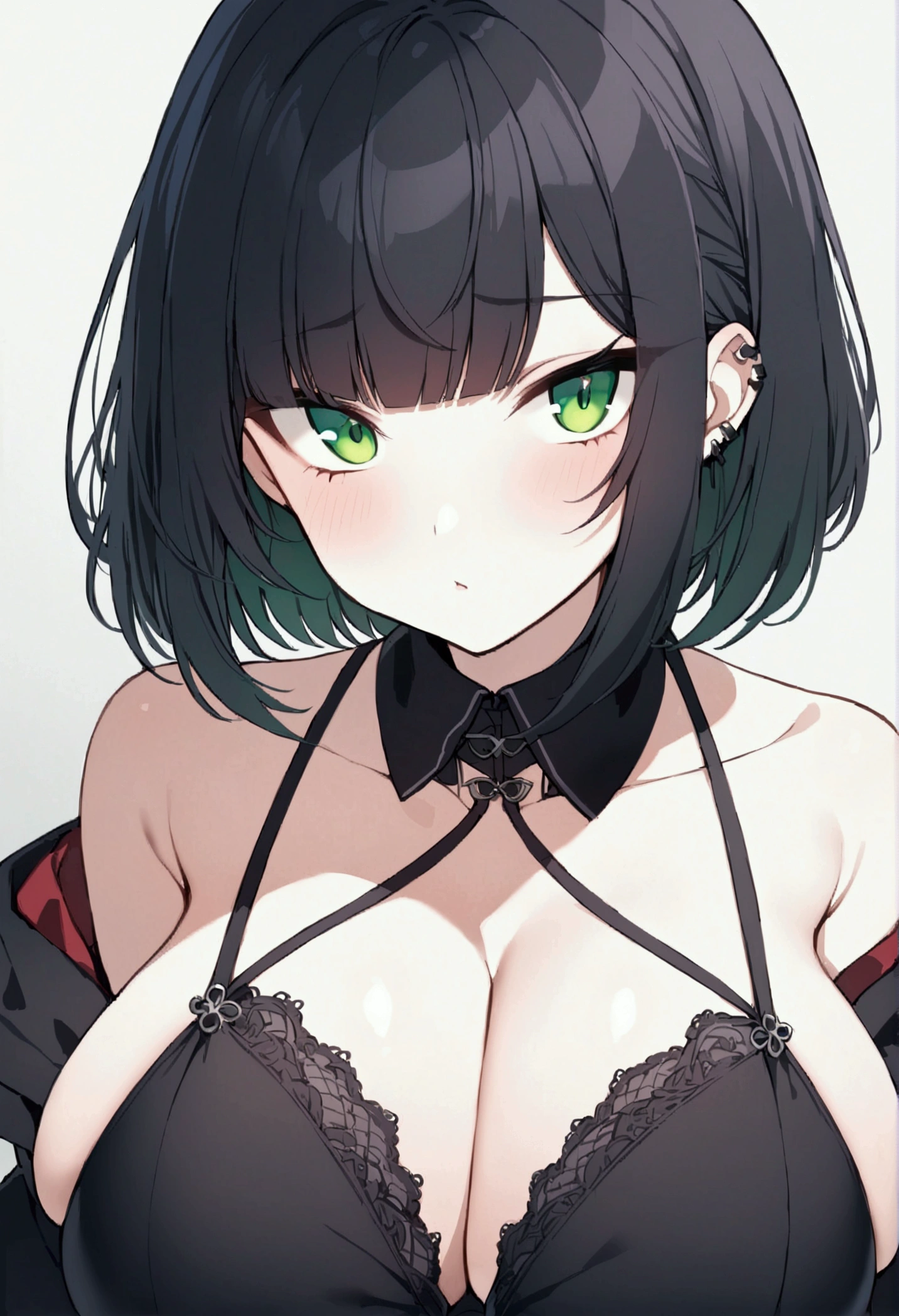 College girl, big bust, very curvy, bob hair with bangs, black hair, green eyes, goth/emo, y, asian