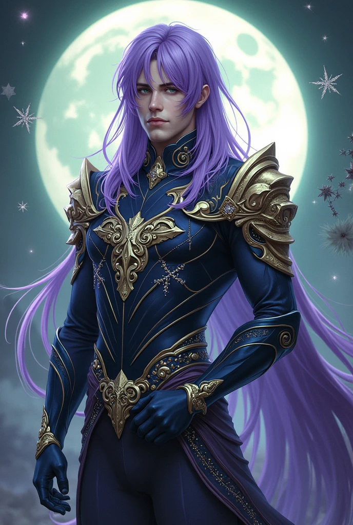 Exquisite illustrations、Ultra detailed、k hd、Handsome and noble、Elegant man、Elegant Pose、holy paladin_Gothic suit、purple long hair、Green eyes. warriors、fantasy、A WORLD、Delicate moon bodysuit，With sparkling armor decorations，detailed tail，Instantly decorate in layers，Detailed valleys，Verbose mode，Full moon background，Break Beautiful 