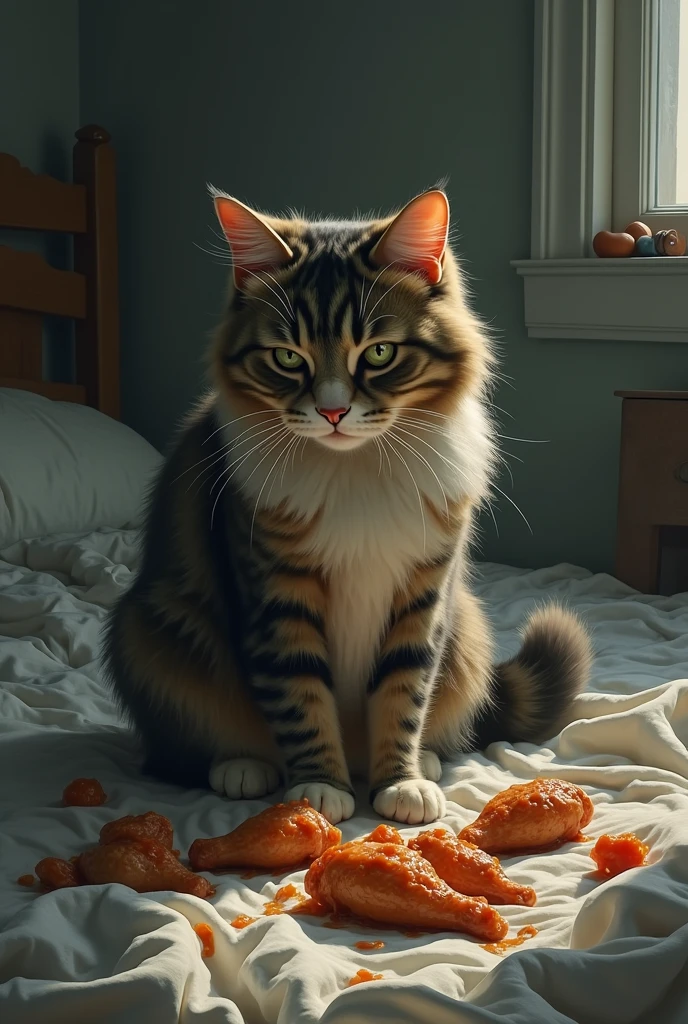 A sad cat eating wings in his bed that looks nostalgic