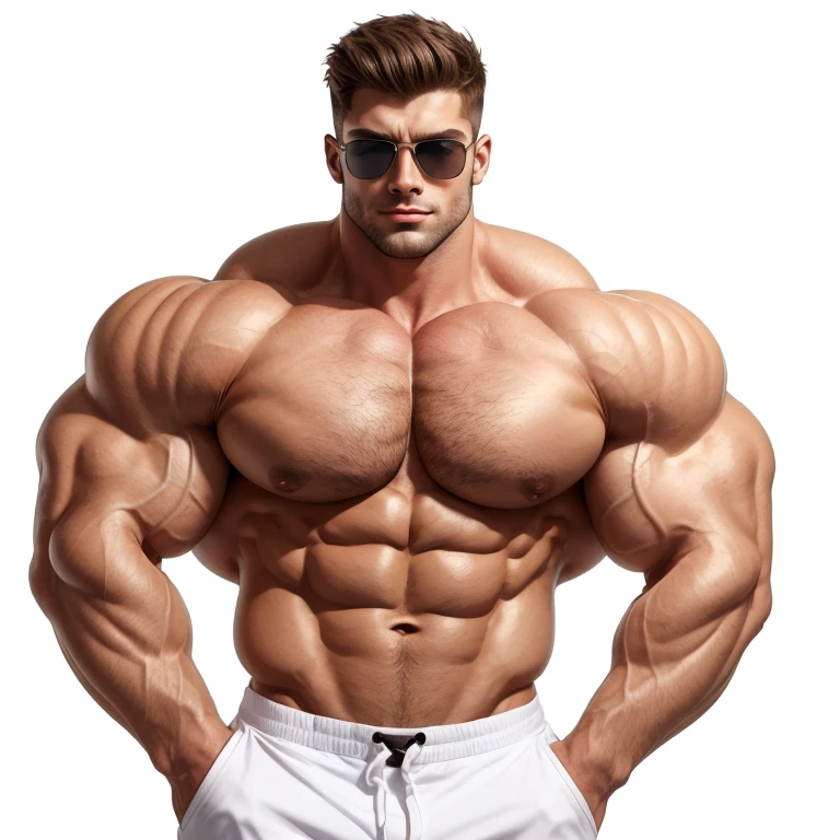 a very handsome young man, extremely hot, extremely attractive, extremely sexy, sunglasses, shirtless, exaggeratedly muscular, exaggeratedly huge muscles, on a white background