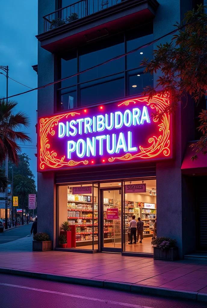 front of a store with a panel with the name Distribuidora Pontual in Brazil more creative a realistic and differentiated image with LEDs