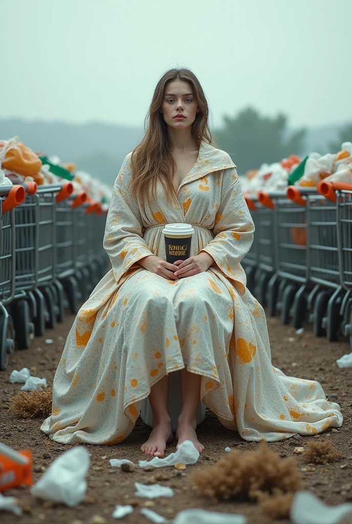 Concept: A woman dressed in a robe made entirely of plastic bags, sitting on a toilet in the middle of a landfill. She’s surrounded by empty shopping carts, each filled with more plastic waste. In her hands, she holds a disposable coffee cup, her face serene as if in meditation.