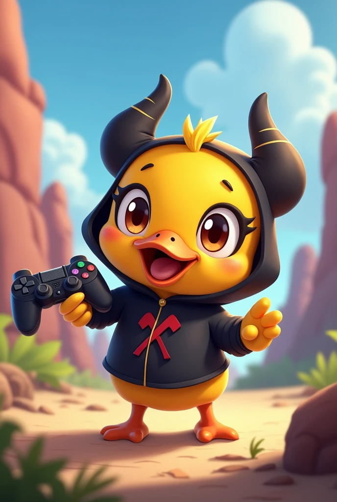 A cute yellow cartoon duck wearing a black demon outfit with a video game controller in his hand along with a Brawl Star character