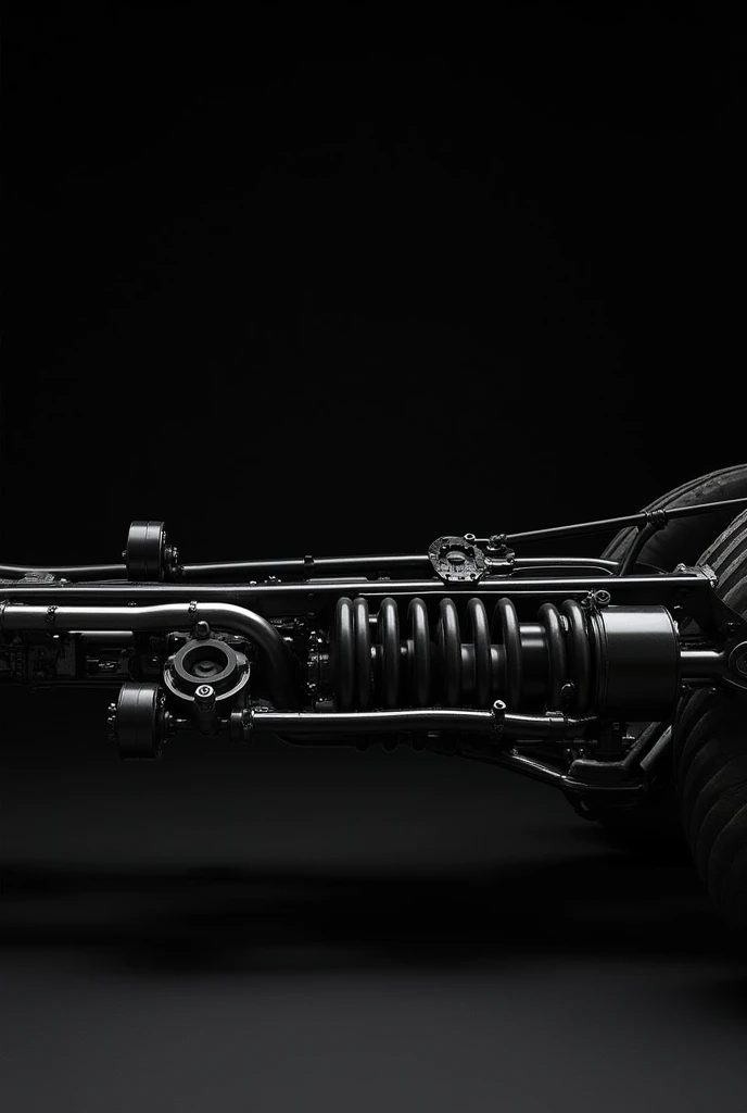Generates a horizontal image of 1,080 x 1,920 px. Where you can see the suspension parts of a truck, focusing on the shock absorber. Let the image be black and white with a sophisticated approach