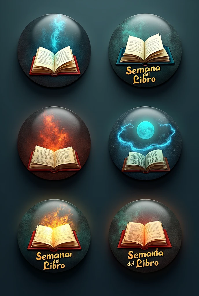 Create 6 buttons alluding to book week, I want the 6 to be seen complete and second those texts that are, I want everyone to have the title of "Book Week" in Spanish and that the books have an aura of mystery and fiction and creativity