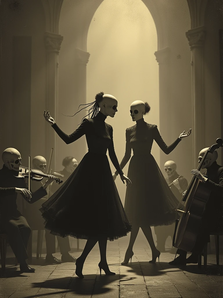 A captivating dark fantasy image of gestalt figures of surreal death dancing to the music of the orchestra of the past. The photo has a vintage, sepia tone and is transformed into a striking poster. The dancers, with pale complexions and eerie expressions, are dressed in Victorian-era attire. Their movements are fluid and haunting, as they seemingly float above the ground. In the background, a mysterious orchestra composed of skeletal figures plays a haunting melody that envelops the scene., dark fantasy, poster, photo