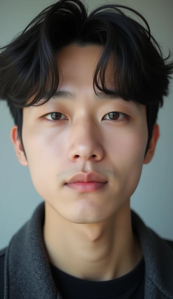 A close-up selfie of a 20-year-old Korean male with a neutral expression. The camera is positioned at a typical selfie angle, slightly above eye level, capturing the details of his smooth skin, styled dark hair, and focused eyes. His face is evenly lit, with a subtle soft light highlighting his natural features. The background is minimalistic, blurred, and out of focus, ensuring all attention remains on his calm, composed expression