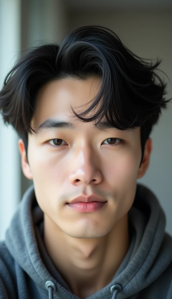 A close-up selfie of a 20-year-old Korean male with a neutral expression. The camera is positioned at a typical selfie angle, slightly above eye level, capturing the details of his smooth skin, styled dark hair, and focused eyes. His face is evenly lit, with a subtle soft light highlighting his natural features. The background is minimalistic, blurred, and out of focus, ensuring all attention remains on his calm, composed expression