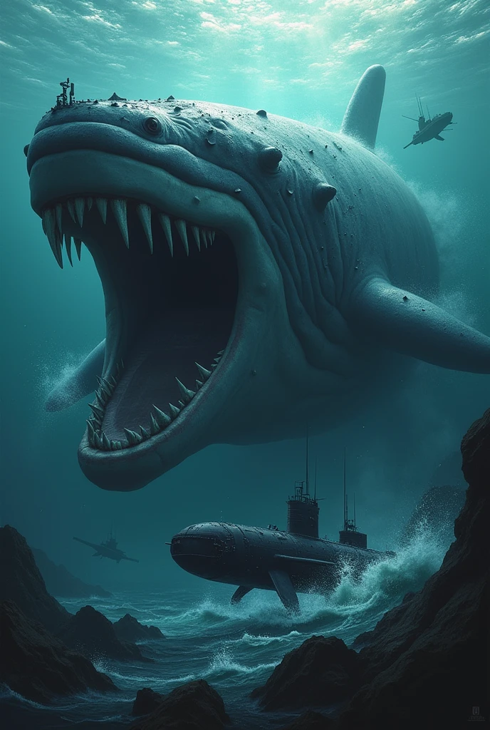 Whale in the depths of the sea with a submarine approaching it, submarine trying to escape to defend itself damaged creature whale bites background warships starting to sink under the sea, submarine badly damaged