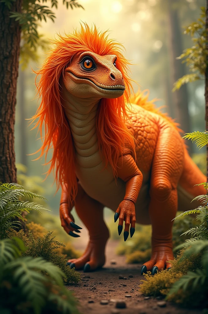 A very pretty orange dinosaur with long orange hair