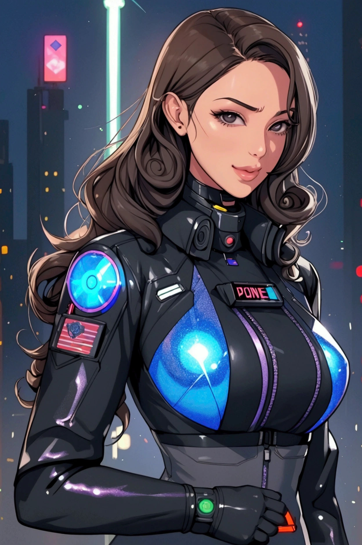  (pretty girl, 2, brunette, black eyes) at cyberpunk world dressed as futuristic law enforcer, (full lips) , ((perfect face)), [[mild smile]], proportionate body,mixed herritage, beautyfull, beautyfull face, tanned skin, two arms, two legs, five fingers by hand, (curly black long hair), ( holographic screen floating at air), (night) night skyline, neon, people, (lasergun), futuristic gun, goggles, futuristic police stuff, jacket, badass, [cyborgs], (drone at background), police chopter at background, screens at buildings side, [photo taken from behind], (award winning photo), (instagram influencer photo), (realistic), nikon, canon, Sigma 85mm f/8
