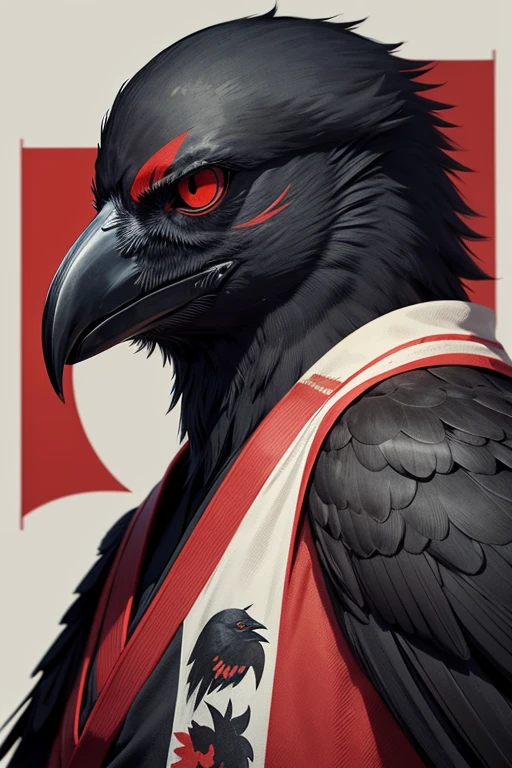 I need an image of just the face of a Japanese crow from the front, with black and red base colors, drawn with solid and highlighted lines, in order to use it next to a banner and highlight the half face of the crow