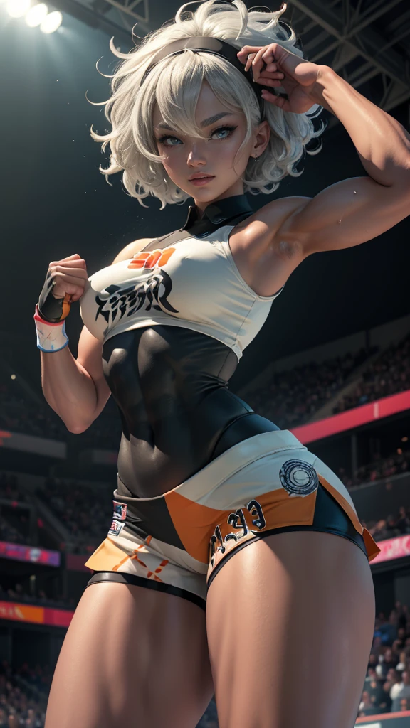 Bea da pokemon,(best qualityer,4K,8k,high resolution, work of art:1.2)(weather: summer), sport celebration background, short curly hair, gray hair, cropped shirt, micro shorts, thigh high stockings, headband, gloves, leotard, nipples, ultra detailed, realistic, beautiful detailed gray eyes, beautiful detailed lips, extremely detailed eye and face, extremely detailed hands, long eyelashes, average, medium breasts, flying hair, beaming smile, powerful girl in a combat, king fu stance, sweating, bright coloured, dramatic lighting, sports stadium,