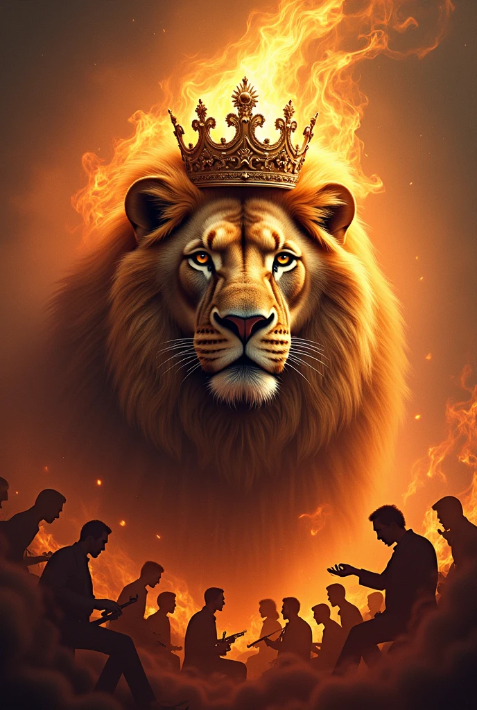 A lion's face with a crown , flames and notable musical figures in the background